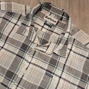 Barbour Mens L Regular Fit Plaid Short Sleeve Button Down Shirt Grey Blue Cotton